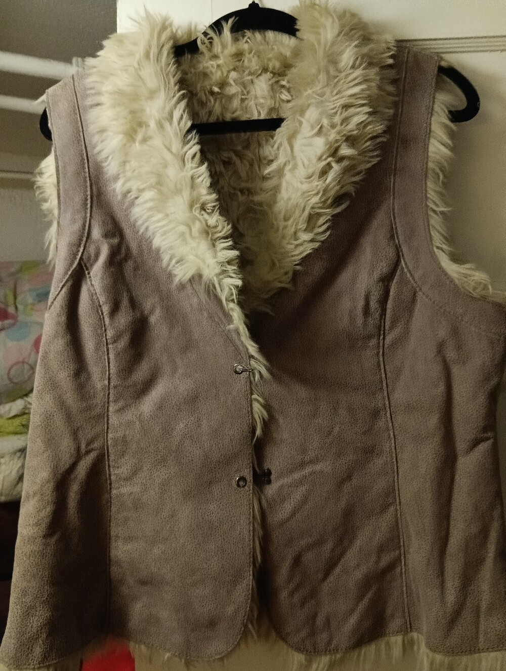 Women's Faux Leather Vest with Faux Fur Trim - Taupe